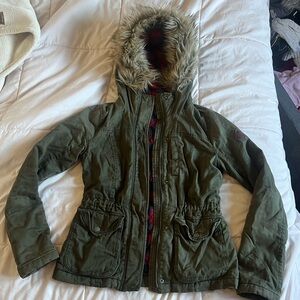 hollister fur fleece jacket olive green drawstring